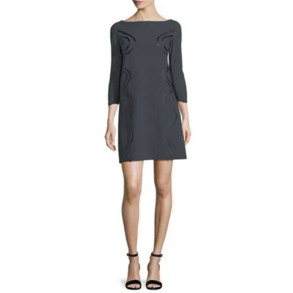 Chiara Boni Elfrida Boat-Neck 3/4 Sleeves Dress w/ Faux-Leather Trim, size 10